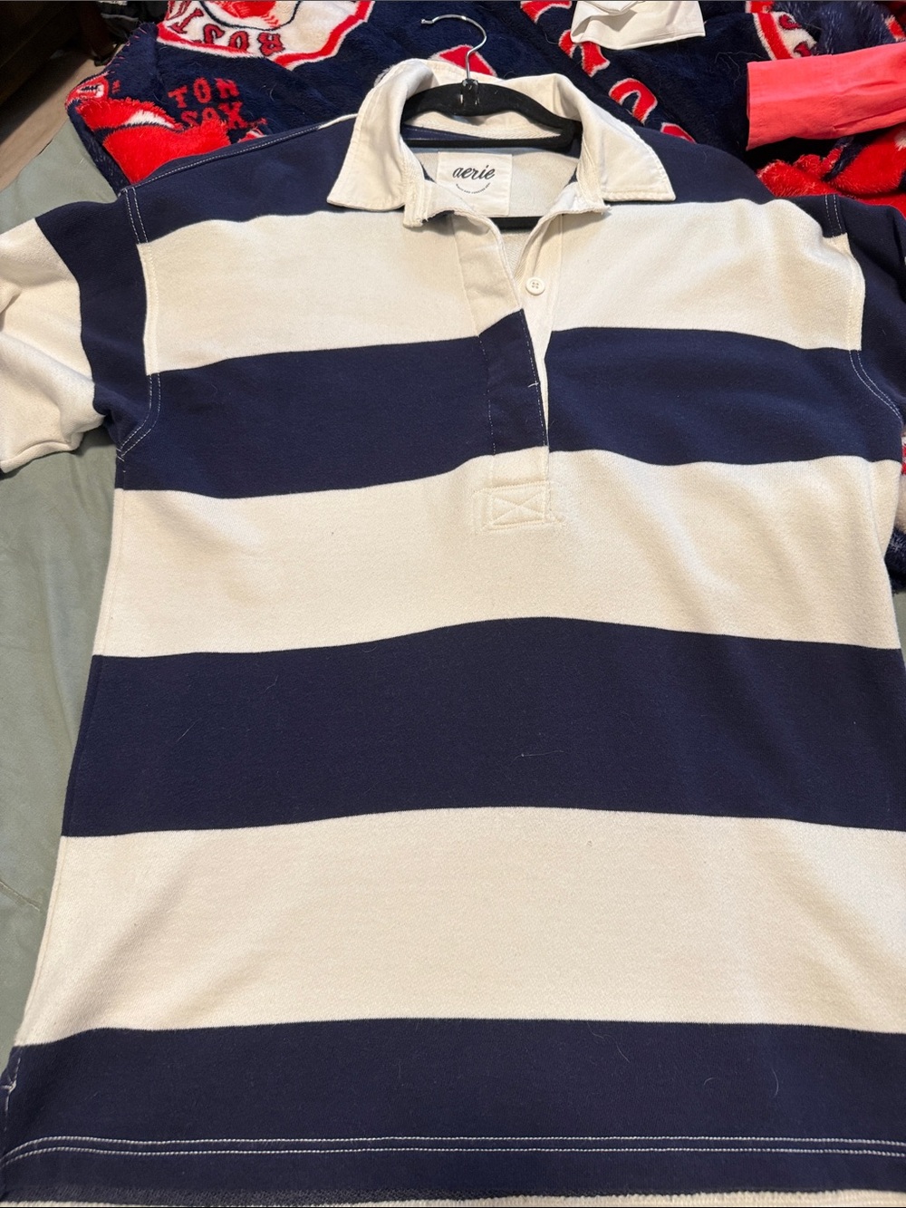 Aerie blue and whitw  rugby Striped Collared Pullover